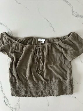 Active USA Olive Off-Shoulder Tie-Front Crop Top